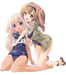 Rule 34 | 10s, 2girls, :d, barefoot, blonde hair, blue eyes, breasts, brown eyes, crop top, feet, flower, hair flower, hair ornament, hairband, hibiscus, i-26 (kancolle), kantai collection, kneeling, komatsu eiji, large breasts, light brown hair, long hair, multiple girls, name tag, new school swimsuit, old school swimsuit, one-piece swimsuit, open mouth, ro-500 (kancolle), sailor collar, sandals, school swimsuit, school uniform, serafuku, short sleeves, smile, swimsuit, swimsuit under clothes, tan, tanline, two-tone hairband, two side up