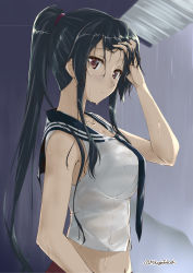 Rule 34 | 1girl, blue hair, breasts, brown eyes, hand in own hair, kantai collection, large breasts, long hair, mikage takashi, navel, open mouth, ponytail, rain, sailor collar, sidelocks, sleeveless, solo, twitter username, upper body, wet, wet clothes, wet hair, yahagi (kancolle)