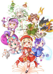Rule 34 | 6+girls, :d, absurdres, ahoge, alternate costume, animal ears, aranara (genshin impact), bangs pinned back, bell, bow, bow (weapon), braid, brown eyes, brown hair, candy rimo, cat, cat ears, cat girl, chibi, chinese clothes, clover print, commentary, daruma doll, detached sleeves, diona (genshin impact), dodoco (genshin impact), dori (genshin impact), english commentary, flower, forehead, genshin impact, gradient hair, green eyes, grey hair, hair bell, hair between eyes, hair bow, hair flower, hair ornament, hair ribbon, hat, hat ornament, highres, holding, holding bow (weapon), holding polearm, holding wand, holding weapon, japanese clothes, jinni (genshin impact), klee (genshin impact), light brown hair, long hair, long sleeves, looking at viewer, low ponytail, low twintails, magical girl, muji-muji daruma (genshin impact), multicolored hair, multiple girls, nahida (genshin impact), ninja, oil lamp, open mouth, orange eyes, orb, parted lips, pink hair, pointy ears, polearm, purple eyes, purple hair, qiqi (genshin impact), rabbit, ribbon, riding, sayu (genshin impact), short hair, short hair with long locks, short sleeves, side ponytail, sidelocks, single braid, sitting, smile, spear, standing, standing on one leg, symbol-shaped pupils, thick eyebrows, twintails, upside-down, wand, weapon, white background, white hair, wide sleeves, yaoyao (genshin impact), yellow eyes, yin yang, yin yang orb