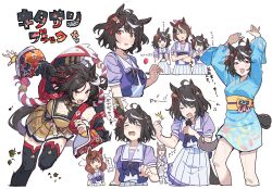 Rule 34 | 4girls, ahoge, angry, animal ears, arms up, bare shoulders, black hair, black sleeves, black thighhighs, blue eyes, blue kimono, blush, bob cut, bow, bowtie, breasts, brown eyes, brown hair, cleavage, clenched hand, closed eyes, commentary request, crossed arms, crying, detached sleeves, dress, ear bow, ear covers, ear ornament, feet out of frame, floral print, green bow, hair between eyes, hair ornament, hair ribbon, hand up, highres, holding, holding microphone, horse ears, horse girl, horse tail, japanese clothes, kimono, kitasan black (umamusume), kouhaku nawa, long hair, looking ahead, looking at viewer, medium breasts, microphone, multicolored hair, multiple girls, multiple views, nice nature (umamusume), obi, obiage, obijime, open mouth, orange dress, petticoat, pleated skirt, ponytail, puffy short sleeves, puffy sleeves, purple bow, purple bowtie, purple shirt, red eyes, red ribbon, ribbon, rope, running, sailor collar, sash, satono diamond (umamusume), school uniform, shimenawa, shirt, short hair, short kimono, short sleeves, simple background, skirt, sleeveless, sleeveless shirt, streaked hair, summer uniform, swept bangs, tail, tears, teeth, teshima nari, thighhighs, tokai teio (umamusume), tracen school uniform, twintails, two side up, umamusume, v-shaped eyebrows, white background, white hair, white sailor collar, white skirt, white thighhighs, wide sleeves, yellow skirt