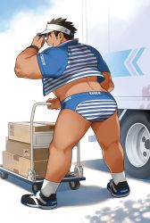 Rule 34 | 1boy, adjusting clothes, adjusting headwear, ass, bara, blue male underwear, blue shirt, briefs, car, cropped shirt, dark-skinned male, dark skin, edge (brand), from behind, full body, grin, headwear request, kuro nezumi inu, looking at viewer, male focus, male underwear, motor vehicle, muscular, muscular male, open clothes, open shirt, original, package, second-party source, shirt, shoes, short hair, sideburns, smile, sneakers, socks, solo, thick thighs, thighs, underwear