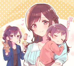 Rule 34 | 1other, 2girls, asahina mafuyu, baby, black shirt, blue jacket, blue shirt, blush, braid, brown background, brown eyes, brown hair, brown shirt, closed eyes, closed mouth, collared shirt, hair over shoulder, hand puppet, heart, highres, holding, jacket, long hair, multiple girls, open clothes, open jacket, outline, parted lips, polka dot, polka dot background, project sekai, puffy short sleeves, puffy sleeves, puppet, purple eyes, purple hair, rattle, shinonome ena, shirt, short sleeves, sleeping, smile, sorimachi-doufu, two-tone background, white background, white outline, zzz