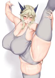 Rule 34 | 1girl, artoria pendragon (fate), artoria pendragon (lancer alter) (fate), bare shoulders, blonde hair, blush, breasts, cameltoe, character request, chestnut mouth, cleavage, curvy, fate (series), female focus, hakai shin, half-closed eyes, headgear, huge breasts, leg up, leotard, lips, looking at viewer, navel, psychenergy, pussy juice, shadow, solo, thick thighs, thighhighs, thighs, white background, yellow eyes