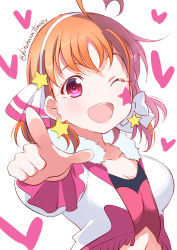 Rule 34 | 1girl, ;d, ahoge, bad id, bad pixiv id, bow, breasts, commentary request, facepaint, fur collar, hair bow, hair ornament, heart, heart-shaped pupils, jacket, kitahara tomoe (kitahara koubou), looking at viewer, love live!, love live! school idol project, love live! sunshine!!, medium breasts, miracle wave, one eye closed, open mouth, orange hair, pink shirt, pointing, pointing at viewer, red eyes, shirt, short hair, simple background, smile, star (symbol), symbol-shaped pupils, takami chika, twitter username, two side up, white background, white jacket, wink