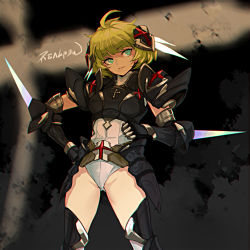 Rule 34 | 1girl, aqua eyes, armor, armored boots, blonde hair, boots, breasts, bright pupils, chromatic aberration, cowboy shot, gauntlets, hand on own hip, highres, leotard, looking at viewer, medium breasts, mole, mole under mouth, original, realmbw, short hair, shoulder armor, solo, standing