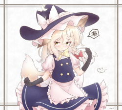 Rule 34 | 1girl, absurdres, animal ears, apron, black gloves, blush, bow, bowtie, braid, commentary, coreytaiyo, elbow gloves, fox ears, fox tail, gloves, hair bow, hat, hat bow, highres, kemonomimi mode, kirisame marisa, long hair, looking away, puffy short sleeves, puffy sleeves, short sleeves, single braid, skirt, skirt set, solo, spoken squiggle, squiggle, tail, touhou, vest, waist apron, witch hat, yellow eyes