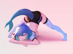Rule 34 | 1girl, absurdres, ahoge, aqua hair, black shorts, blouse, blue eyes, blue hair, blue thighhighs, blush, breasts, clothing cutout, cropped shirt, feet, fins, fish tail, full body, gari (sbgu), gradient hair, hair between eyes, heart, heart-shaped pupils, highres, horns, jack-o&#039; challenge, looking at viewer, medium breasts, multicolored hair, no shoes, original, sbgu, shark fin, shark girl, shark tail, shirt, short hair, short shorts, short sleeves, shorts, sideboob, simple background, skindentation, smile, solo, symbol-shaped pupils, tail, tail through clothes, thighhighs, thighs, top-down bottom-up, two-tone hair, white shirt