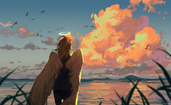 Rule 34 | 1boy, angel devil (chainsaw man), angel wings, bird, black jacket, black pants, chainsaw man, champi, cloud, cloudy sky, crow, evening, formal, from behind, grass, halo, highres, jacket, light reflection (water), long hair, looking afar, messy hair, ocean, orange hair, pants, sky, solo, suit, water, wings