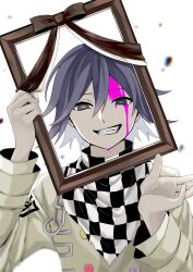 Rule 34 | 1boy, black hair, blood, blood on face, brown jacket, buttons, checkered clothes, checkered scarf, danganronpa (series), danganronpa v3: killing harmony, double-breasted, grin, hair between eyes, hands up, highres, holding frame, iei, jacket, long sleeves, male focus, oma kokichi, pink blood, rinlei 02, scarf, short hair, smile, solo, teeth, upper body, white background