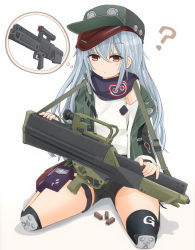 Rule 34 | 1girl, 4.73x33mm caseless, 4.73x33mm dm11 caseless, ?, ammunition, assault rifle, black shorts, blouse, blue scarf, boots, brown footwear, bullet, bullpup, caseless ammunition, caseless firearm, closed mouth, commentary request, dynamit nobel (company), elbow pads, external propellant caseless ammunition, frown, full body, g11 (girls&#039; frontline), girls&#039; frontline, green hat, green jacket, gun, gunpowder, h&amp;k g11, hat, heckler &amp; koch, high ignition temperature propellant, highres, holding, holding gun, holding weapon, horizontal magazine, jacket, long hair, long sleeves, looking at viewer, mikeran (mikelan), military cartridge, off shoulder, open clothes, open jacket, personification, polygonal rifling, propellant, prototype design, red eyes, rifle, scarf, shadow, shirt, short shorts, shorts, silver hair, sitting, sleeveless, sleeveless shirt, solid propellant, solo, supersonic ammunition, telescoped ammunition, thigh strap, thought bubble, wariza, weapon, white shirt
