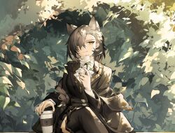 Rule 34 | akechi (826988799), animal ears, arknights, ascot, black coat, black jacket, black nails, brown eyes, brown hair, coat, cup, extra ears, flower, forest, highres, holding, holding cup, holding flower, jacket, mole, mole above eye, mole on forehead, nature, open clothes, open coat, penance (arknights), rose, short hair, white ascot, white flower, white rose, wolf ears, wolf girl