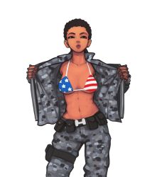 Rule 34 | 1girl, 34no404, abs, american flag bikini, american flag print, belt, belt pouch, bikini, bikini top only, bikini under clothes, black hair, braid, breasts, brown eyes, camouflage, camouflage jacket, camouflage pants, collarbone, contrapposto, cornrows, cowboy shot, dark-skinned female, dark skin, flag print, gloves, holster, jacket, jacqui briggs, lips, long hair, military, military jacket, military pants, military uniform, mortal kombat (series), mortal kombat x, navel, open clothes, open jacket, pants, pouch, print bikini, simple background, solo, standing, swimsuit, swimsuit under clothes, thigh holster, toned, underboob, uniform, very dark skin