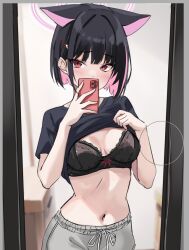 Rule 34 | 1girl, animal ears, black bra, black hair, black shirt, blue archive, bra, breasts, cellphone, clothes lift, colored inner hair, commentary request, extra ears, grey shorts, hair ornament, hairclip, halo, holding, holding phone, kazusa (blue archive), looking at viewer, marisasu (marisa0904), medium breasts, mirror, multicolored hair, navel, phone, pink hair, pink halo, selfie, shirt, shirt lift, short hair, shorts, solo, t-shirt, two-tone hair, underwear, unfinished