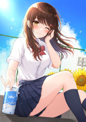 Rule 34 | 1girl, absurdres, black skirt, black socks, blue sky, blush, bow, breasts, brown eyes, brown hair, can, cloud, cloudy sky, commentary request, day, flower, hair ornament, hairclip, hand in own hair, highres, holding, holding can, huion, large breasts, long hair, looking at viewer, medium breasts, official art, original, pleated skirt, red bow, school uniform, shirt, sitting, skirt, sky, smile, socks, solo, summer, sunflower, white shirt, yukiunag1