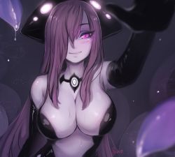 Rule 34 | 1girl, absurdres, artist name, bad link, bare shoulders, black hair, blurry, blurry foreground, blush, breasts, cleavage, commission, depth of field, elbow gloves, eyes visible through hair, gloves, hair over one eye, highres, incoming headpat, kraken (monster girl encyclopedia), large breasts, long hair, looking at viewer, matilda fiship, monster girl, monster girl encyclopedia, pale skin, pink eyes, pink hair, purple hair, reaching, reaching towards viewer, scylla, signature, smile, solo, tentacles, water drop