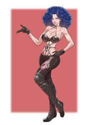 Rule 34 | 1girl, absurdres, afro, arm up, black bra, black gloves, black pants, blue hair, bra, breasts, character name, cirenk, clothes writing, collarbone, curly hair, full body, gloves, green eyes, hand on own hip, highres, large breasts, leather, leather gloves, light smile, looking at viewer, medium hair, one piece, pants, paula (one piece), silk, spider web, standing, underwear
