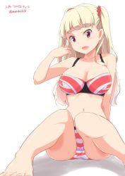 Rule 34 | 1girl, barefoot, bikini, blonde hair, blush, breasts, cleavage, kichihachi, large breasts, long hair, looking at viewer, open mouth, red eyes, sitting, smile, solo, swimsuit, tokyo 7th sisters, twitter username, two side up, uesugi u. kyouko