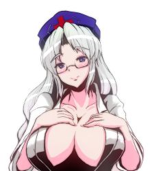 Rule 34 | 1girl, alternate costume, bespectacled, blush, breasts, cleavage, female focus, glasses, hat, head tilt, image sample, large breasts, looking at viewer, no bra, nurse cap, parted bangs, pixiv sample, simple background, smile, solo, touhou, wavy hair, white background, yagokoro eirin, yamoto