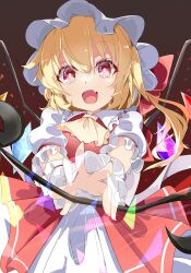 Rule 34 | 1girl, ascot, ashigaruk, blonde hair, commentary request, crystal, fang, flandre scarlet, hat, highres, laevatein (touhou), looking at viewer, medium hair, mob cap, one side up, open mouth, panties, red eyes, red skirt, short sleeves, skin fang, skirt, solo, touhou, underwear, white hat, white panties, wings, wrist cuffs, yellow ascot