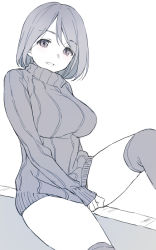 Rule 34 | 1girl, breasts, duke (inu daimyou), large breasts, looking at viewer, monochrome, original, short hair, simple background, sitting, sleeves past wrists, smile, solo, sweater, thighhighs, thighs, white background