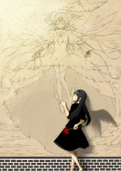 Rule 34 | 1girl, against wall, akemi homura, akuma homura, arm behind back, arms at sides, barefoot, black dress, black hair, black hairband, blood, breasts, brick wall, choker, closed eyes, closed mouth, cloud, collarbone, commentary request, drawing, dress, expressionless, facing away, feathers, fingernails, floating, flower, frilled dress, frills, full body, funeral dress, furrowed brow, gloves, hair between eyes, hair ribbon, hair tie, hairband, hand on wall, hand rest, hand up, high-low skirt, highres, holding, holding flower, kaname madoka, kiss, long dress, long hair, mahou shoujo madoka magica, mahou shoujo madoka magica: hangyaku no monogatari, photoshop (medium), profile, red flower, ribbon, sad, shadow, sidelocks, small breasts, solo, spider lily, standing, standing on one leg, symbolism, thighhighs, two side up, ultimate madoka, underboob, very long hair, wall, wide sleeves, winged footwear, wings, zettai ryouiki
