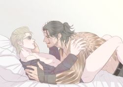 Rule 34 | 10s, 2boys, bara, bed, cum, final fantasy, final fantasy xv, gladiolus amicitia, glasses, grin, ignis scientia, licking lips, lying, male focus, multiple boys, pigno, pillow, scar, smirk, tattoo, tongue, undressing, yaoi