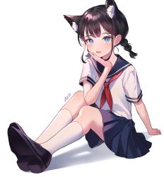 Rule 34 | 1girl, :d, absurdres, animal ear fluff, animal ears, arm support, artist name, azit (down), black footwear, black hair, blue eyes, blue sailor collar, blue skirt, blush, braid, cat ears, commentary request, fang, hand up, highres, kneehighs, long hair, low twintails, neckerchief, open mouth, original, pleated skirt, red neckerchief, sailor collar, school uniform, serafuku, shadow, shirt, shoe soles, shoes, short sleeves, signature, skirt, smile, socks, solo, twin braids, twintails, white background, white shirt, white socks