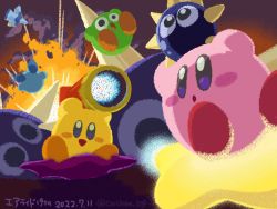 Rule 34 | :o, aircraft, airplane, blush, blush stickers, cannon, cashew 029, dated, explosion, fire, gordo, highres, holding, kirby, kirby (series), kirby air ride, looking at another, looking at viewer, nintendo, no humans, no mouth, open mouth, outdoors, sky, smile, smoke, spiked hair, star (symbol), tongue, warp star