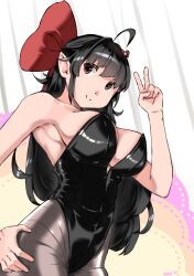 Rule 34 | 1girl, alternate costume, artist name, bare shoulders, black hair, black leotard, black pantyhose, bow, breasts, closed mouth, cowboy shot, dot nose, eyebrows, female focus, from below, from side, hair bow, hand on own hip, hand up, indie virtual youtuber, large breasts, leotard, long hair, looking afar, looking to the side, multicolored background, nean black, orange background, pantyhose, pink background, pointy ears, red bow, red eyes, simple background, smile, solo, standing, strapless, strapless leotard, v, virtual youtuber, white background, yadi doll (vtuber), yellow background