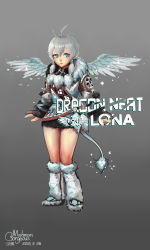 Rule 34 | 1boy, absurdres, blue eyes, blush, boots, character name, closed mouth, copyright name, dated, dragon nest, dress, full body, fur boots, fur trim, gorgeous mushroom, grey background, hair between eyes, highres, iona (dragon nest), knee boots, legs together, long hair, long sleeves, looking at viewer, male focus, sidelocks, signature, silver hair, simple background, solo, standing, tail, trap, typo, wings