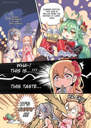 Rule 34 | 3girls, :3, :d, aerial fireworks, ahoge, akashi (akashi&#039;s in the red nya!) (azur lane), akashi (akashi&#039;s in the red nya!) (azur lane), akashi (azur lane), alternate language, animal ear fluff, animal ears, azur lane, bell, bikini, blonde hair, breasts, brown eyes, bubble tea, candy apple, cat ears, choker, cleavage, comic, concord (azur lane), concord (red apple candy) (azur lane), cup, disposable cup, drinking straw, dunkerque (azur lane), dunkerque (summer sucre) (azur lane), english text, fireworks, floral print, flower, food, green hair, grey hair, hair bell, hair between eyes, hair flower, hair ornament, highres, hm (hmongt), holding, holding cup, holding food, holding tray, japanese clothes, jingle bell, kimono, long hair, long sleeves, manjuu (azur lane), medium breasts, mole, mole under eye, multiple girls, notice lines, obi, open mouth, pink kimono, print kimono, puffy short sleeves, puffy sleeves, purple bikini, purple choker, red eyes, red flower, red kimono, sash, see-through, shirt, short sleeves, sleeves past fingers, sleeves past wrists, smile, spit take, spitting, star-shaped pupils, star (symbol), swimsuit, symbol-shaped pupils, tray, twitter username, very long hair, white shirt, wide sleeves