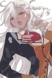 Rule 34 | 1girl, ahoge, ascot, blush, braid, buttons, commentary request, fate/grand order, fate (series), frilled sleeves, frills, hair between eyes, hand on own hip, highres, jacket, long hair, long sleeves, looking at viewer, olga marie animusphere, red ascot, side braid, simple background, solo, swept bangs, twitter username, ugonba (howatoro), very long hair, white background, white hair, yellow eyes