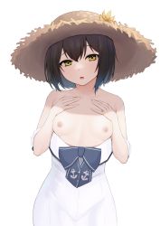 Rule 34 | 1girl, absurdres, anchor symbol, bare shoulders, black hair, blush, breasts, breasts out, collarbone, commentary request, dress, flower, hand on own chest, hat, highres, kantai collection, looking at viewer, nipples, no bra, off shoulder, short hair, simple background, small breasts, solo, straw hat, sun hat, takaman (gaffe), white background, white dress, yellow eyes, yukikaze (kancolle)