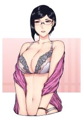 Rule 34 | 1girl, absurdres, black eyes, black hair, bra, breasts, collarbone, commentary, glasses, hair ornament, hairclip, highres, lace, lace-trimmed bra, lace trim, large breasts, lips, mature female, mole, mole under mouth, nattapuumuu, navel, open mouth, original, pink background, shawl, simple background, solo, symbol-only commentary, underwear, white background, white bra, wristband