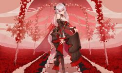 Rule 34 | 1girl, absurdres, bare shoulders, bat hair ornament, black dress, black sleeves, blush, breasts, detached sleeves, dress, earrings, flower, hair ornament, highres, honkai (series), honkai impact 3rd, jewelry, large breasts, long hair, looking at viewer, theresa apocalypse (luna kindred), moon, red eyes, red flower, red moon, red rose, rfbyhjr, rose, smile, solo, theresa apocalypse, theresa apocalypse (luna kindred), theresa apocalypse (lunar vow: crimson love), vampire, white hair