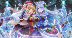 Rule 34 | 2girls, animal ears, belt, black gloves, blonde hair, blue dress, blue eyes, blush, capelet, christmas, christmas ornaments, christmas tree, copyright request, dress, fur trim, gift, gloves, goblin, hat, himonoata, holding, light purple hair, long hair, looking at viewer, multiple girls, official art, open mouth, parted lips, red dress, sack, santa hat, smile, snowflakes, twintails