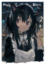 Rule 34 | 1girl, absurdres, animal ears, apron, black choker, black dress, black hair, cat ears, choker, closed mouth, collared dress, cropped torso, dress, hair between eyes, hand up, highres, juliet sleeves, kaamin (mariarose753), long sleeves, looking at viewer, maid, maid apron, maid headdress, original, puffy sleeves, red eyes, romaji text, short sleeves, smile, solo, thick eyebrows, upper body, white apron