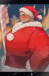 Rule 34 | 1boy, absurdres, alternate costume, bara, beard, blonde hair, blush, candy, candy cane, character request, cosplay, facial hair, food, from side, full beard, highres, huge eyebrows, huge pectorals, looking at viewer, male focus, mismatched eyebrows, muscular, muscular male, outside border, profile, red nose, santa claus, shiratori yokikana, short hair, sideburns stubble, sideways glance, smile, solo, star-shaped pupils, star (symbol), stubble, symbol-shaped pupils, tareme, tokyo houkago summoners, upper body
