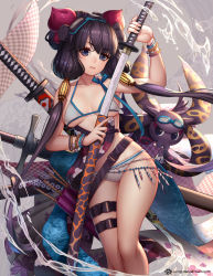 Rule 34 | &gt;:(, 1girl, :3, artist name, bare legs, bare shoulders, belt, bikini, blue eyes, blue ribbon, bracelet, breasts, breasts apart, censored, closed mouth, collarbone, fate/grand order, fate (series), feet out of frame, floral print, goggles, goggles on head, grey background, hair ornament, jewelry, jurrig, katana, katsushika hokusai (fate), katsushika hokusai (swimsuit saber) (fate), long hair, low twintails, medium breasts, octopus, purple hair, quiver, ribbon, sheath, splashing, standing, swimsuit, sword, thigh strap, tokitarou (fate), twintails, unsheathing, v-shaped eyebrows, very long hair, water, watermark, waves, weapon, weapon on back, web address, white bikini