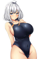 Rule 34 | 1girl, absurdres, ahoge, arm behind back, armband, black one-piece swimsuit, blue eyes, blush, breasts, closed mouth, collarbone, commentary request, competition swimsuit, covered navel, cowboy shot, grey hair, hand on own chest, highres, huge breasts, looking at viewer, medium hair, one-piece swimsuit, original, short hair, simple background, solo, standing, swimsuit, terakoya, upper body, white background