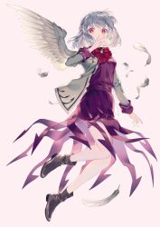 Rule 34 | 1girl, angel wings, boots, bow, bowtie, braid, breasts, brooch, covering own mouth, dress, feathered wings, feathers, french braid, grey hair, hand to own mouth, highres, hiiragi akio, jacket, jewelry, kishin sagume, legs, long sleeves, looking at viewer, medium breasts, midair, open clothes, purple dress, purple skirt, red bow, red bowtie, red eyes, short hair, simple background, single wing, skirt, solo, strange creators of outer world, suit jacket, touhou, white background, white hair, white wings, wings