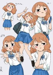 Rule 34 | 1girl, bag, black eyes, blue skirt, blush stickers, bow, bowtie, cellphone, closed eyes, collared shirt, disgust, double v, expressionless, happy, highres, holding, holding phone, light brown hair, medium hair, multiple views, original, osame, osame-chan, phone, shirt, shoulder bag, skirt, smartphone, smile, thinking, v, white shirt