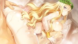 Rule 34 | 1boy, 1girl, ass, ass grab, bath, blonde hair, blue eyes, blush, bracer, breasts, caesar (eiyuu senki), column, eiyuu senki, eiyuu senki gold, game cg, girl on top, hand on own ass, head wreath, hetero, jewelry, large breasts, laurel crown, legs, long hair, looking at viewer, looking back, lots of jewelry, lying, mixed-sex bathing, nipples, nude, ooyari ashito, pillar, reverse cowgirl position, sex, sex from behind, shared bathing, sitting, sitting on person, smile, steam, straddling, sweat, tenco, vaginal, wet