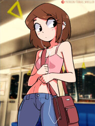 Rule 34 | 1girl, abs, artist name, averting eyes, bag, bare shoulders, black eyes, blue pants, blurry, blush, bob cut, breasts, brown hair, building, camisole, cassie (tobias wheller), city, commentary, crop top, denim, depth of field, dot mouth, earbuds, earclip, earphones, english commentary, eyelashes, from below, groin, hand grip, highres, holding strap, jeans, looking down, looking to the side, lowleg, lowleg pants, midriff, navel, night, original, paid reward available, pants, patreon username, pink camisole, public transit, red bag, short hair, shoulder bag, skyscraper, sleeveless, small breasts, solo, standing, swept bangs, thick eyebrows, tobias wheller, toned, train, train interior, vehicle interior