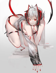 Rule 34 | 1girl, absurdres, ahoge, all fours, antennae, arknights, bikini, breasts, choker, demon horns, demon tail, grey hair, highres, horns, long sleeves, looking at viewer, mackia, red bikini, red choker, red eyes, red nails, short hair, simple background, small breasts, smile, solo, swimsuit, tail, thigh strap, w (arknights), white background