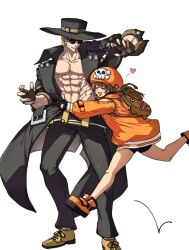 Rule 34 | 1boy, 1girl, abs, anchor symbol, backpack, bag, belt, black jacket, blonde hair, blush, brown gloves, brown hair, cabbie hat, collarbone, cowboy hat, ebi pri shrimp, fingerless gloves, gloves, guilty gear, guilty gear strive, hat, heart, hug, jacket, johnny (guilty gear), large pectorals, may (guilty gear), muscular, muscular male, open mouth, pectorals, pirate, shorts, simple background, skull and crossbones, smile, sunglasses, white background