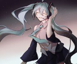 Rule 34 | 1girl, bare shoulders, black skirt, black sleeves, blouse, blue hair, blue necktie, chinese commentary, closed eyes, collared shirt, commentary, detached sleeves, gradient background, grey shirt, hand on headphones, hatsune miku, headphones, highres, komatsu2536, long hair, long sleeves, midriff, miniskirt, necktie, open mouth, shirt, skirt, sleeveless, sleeveless shirt, smile, teeth, twintails, very long hair, vocaloid, wide sleeves