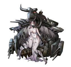 Rule 34 | 1girl, absurdres, abyssal ship, adjusting eyewear, armor, bare shoulders, battleship girl, behemoth (battleship girl), black footwear, black hair, breasts, broken eyewear, chain, cleavage, collar, covered erect nipples, covered navel, cross, dress, eyelashes, female focus, fine fabric emphasis, full body, garter straps, gauntlets, glasses, gloves, glowing, headgear, high heels, highres, horns, large breasts, legs apart, lens flare, long dress, long hair, looking away, machinery, mecha musume, official art, original, pale skin, parted lips, pauldrons, pelvic curtain, personification, quuni, red eyes, rimless eyewear, shade, shoe dangle, shoes, shoulder armor, simple background, single gauntlet, solo, standing, standing on one leg, strap gap, thighhighs, torn clothes, torn dress, torn gloves, torn thighhighs, tube, turret, very long hair, white background, white dress, white gloves, white thighhighs