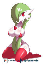 Rule 34 | 1girl, absurdres, artist name, bare shoulders, bikini, breasts, cleavage, closed mouth, clothed pokemon, collarbone, colored skin, creatures (company), female focus, full body, game freak, gardevoir, gen 3 pokemon, green hair, green skin, hair over one eye, highres, huge breasts, kneeling, lucyfer, multicolored skin, navel, nintendo, own hands together, patreon logo, patreon username, pokemon, pokemon (creature), red bikini, red thighhighs, shiny clothes, shiny skin, short hair, simple background, sitting, skindentation, solo, string bikini, sweat, swimsuit, thighhighs, two-tone skin, v arms, watermark, wavy mouth, web address, white background, white skin