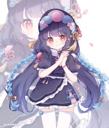 Rule 34 | 1girl, artist name, bonnet, bracelet, breasts, dress, flower knot, genshin impact, highres, hime cut, jewelry, lolita fashion, long hair, looking at viewer, multicolored clothes, multicolored headwear, own hands clasped, own hands together, purple dress, purple hair, qi lolita, red eyes, small breasts, smile, solo, tassel, white background, aged down, yukomeow, yun jin (genshin impact), zoom layer